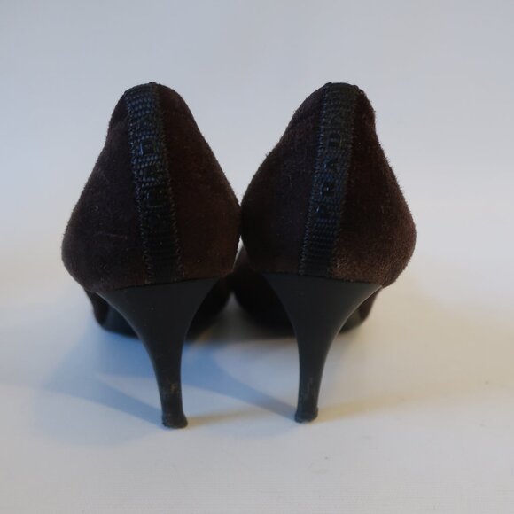 Womens Prada Brown Black Suede Patent Leather Capped Toe Heels Pumps 38.5 US/8.5 - Picture 10 of 16